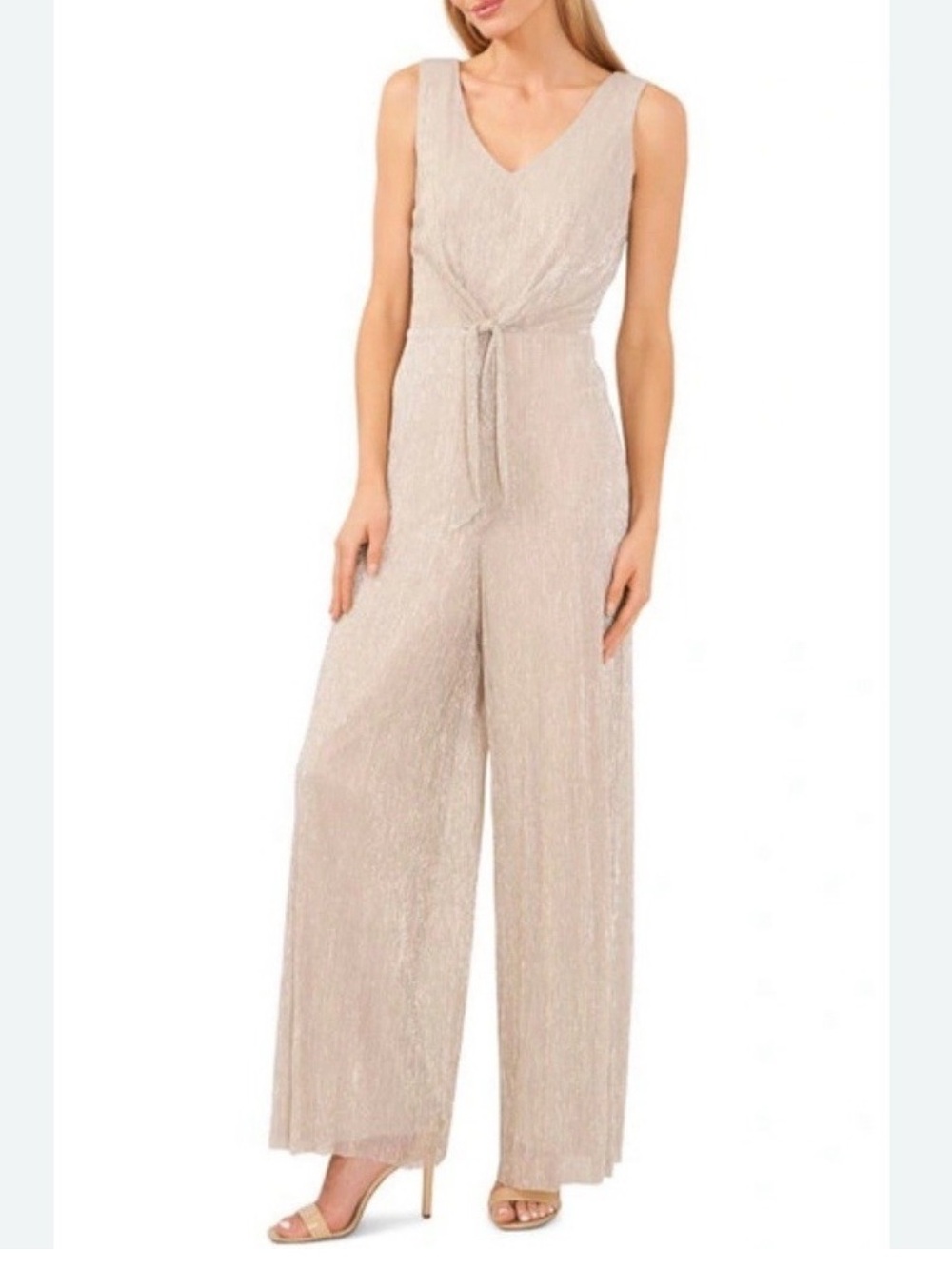 CeCe Women's Sleeveless Tie-Front Wide-Leg Jumpsuit champagne XS